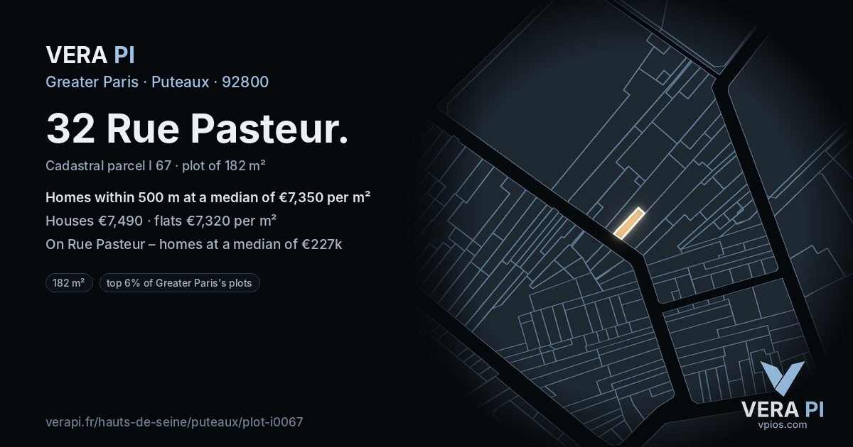 32 Rue Pasteur, Puteaux at night – the plot lit, the parcels around coloured by the prices near them
