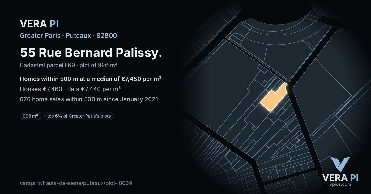 55 Rue Bernard Palissy, Puteaux at night – the plot lit, the parcels around coloured by the prices near them