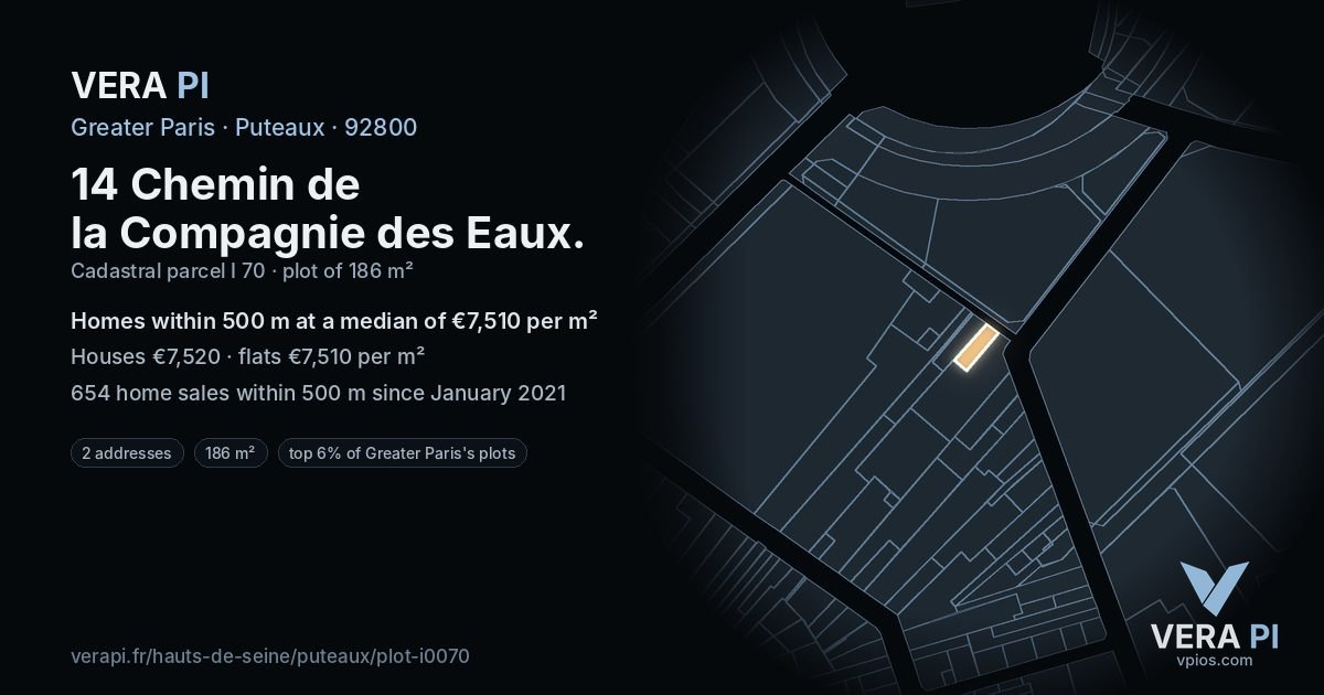 14 Chemin de la Compagnie des Eaux, Puteaux at night – the plot lit, the parcels around coloured by the prices near them