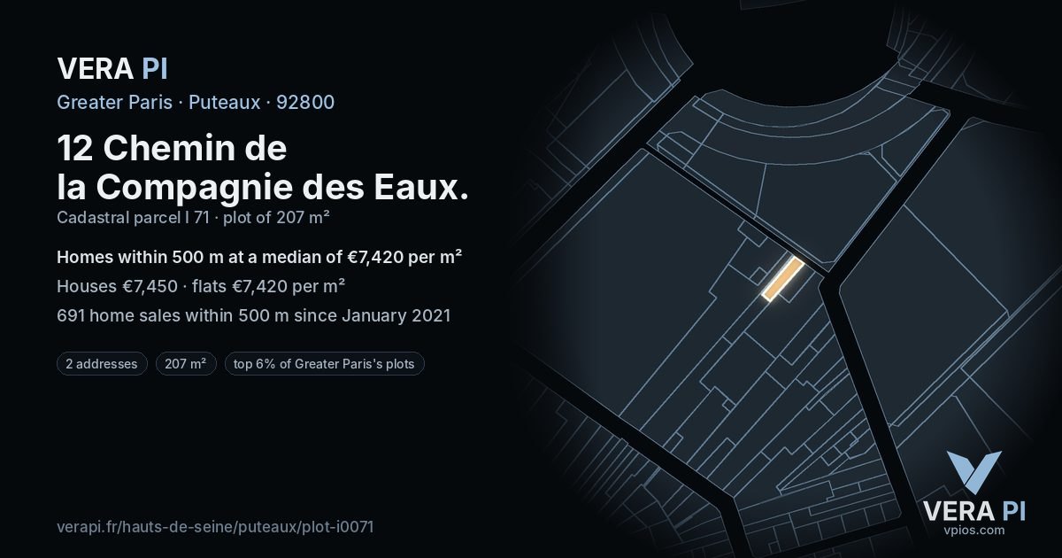 12 Chemin de la Compagnie des Eaux, Puteaux at night – the plot lit, the parcels around coloured by the prices near them