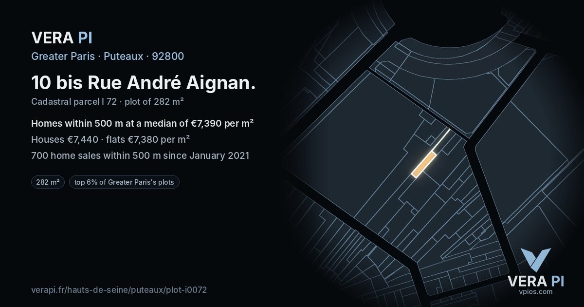 10 bis Rue André Aignan, Puteaux at night – the plot lit, the parcels around coloured by the prices near them