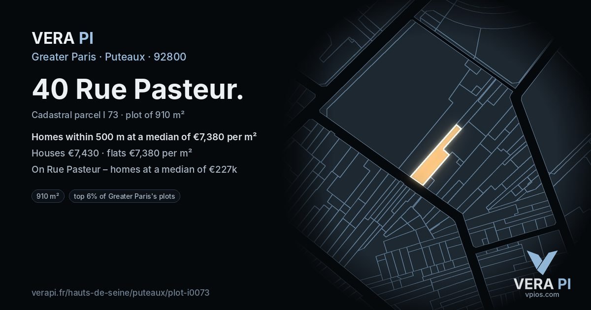 40 Rue Pasteur, Puteaux at night – the plot lit, the parcels around coloured by the prices near them