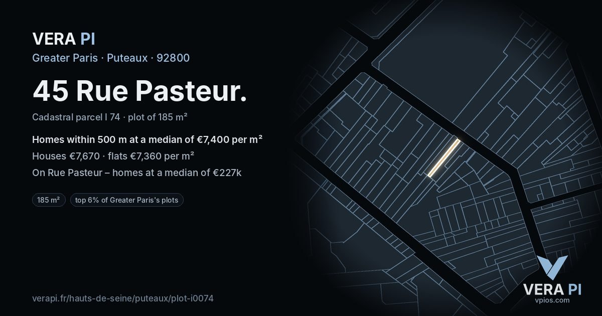 45 Rue Pasteur, Puteaux at night – the plot lit, the parcels around coloured by the prices near them