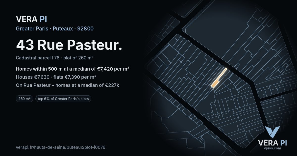 43 Rue Pasteur, Puteaux at night – the plot lit, the parcels around coloured by the prices near them
