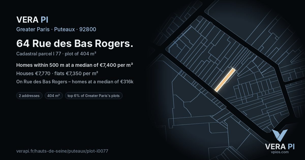 64 Rue des Bas Rogers, Puteaux at night – the plot lit, the parcels around coloured by the prices near them