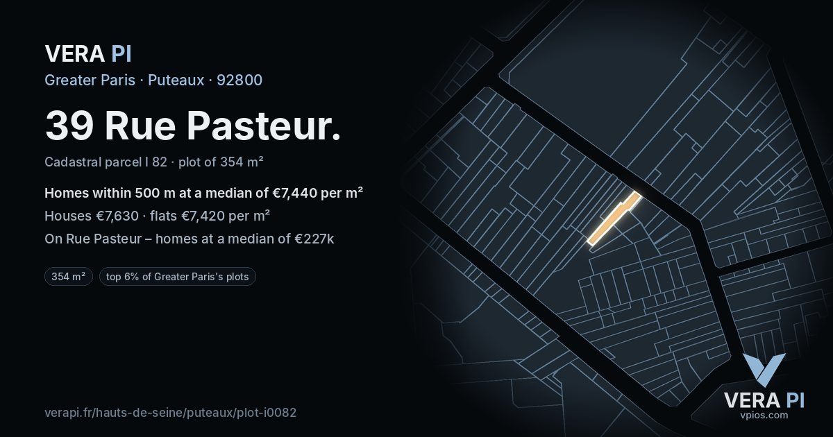 39 Rue Pasteur, Puteaux at night – the plot lit, the parcels around coloured by the prices near them