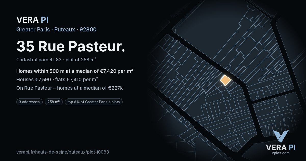 35 Rue Pasteur, Puteaux at night – the plot lit, the parcels around coloured by the prices near them