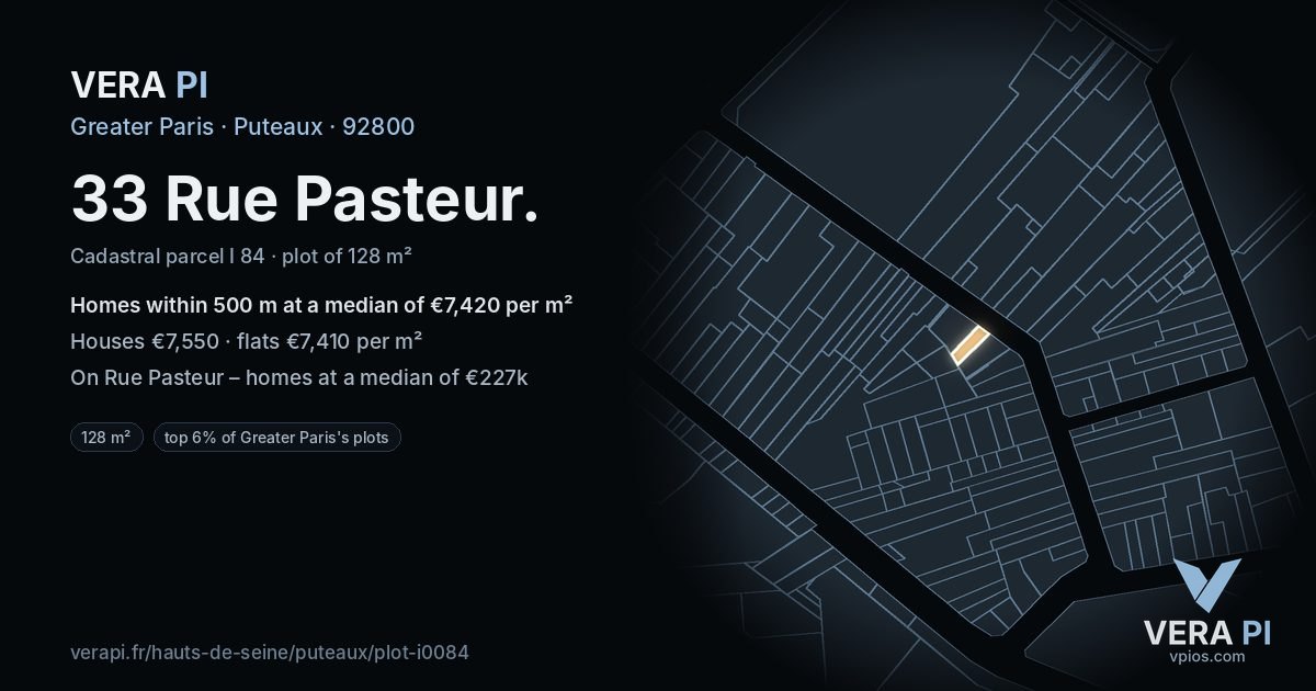33 Rue Pasteur, Puteaux at night – the plot lit, the parcels around coloured by the prices near them
