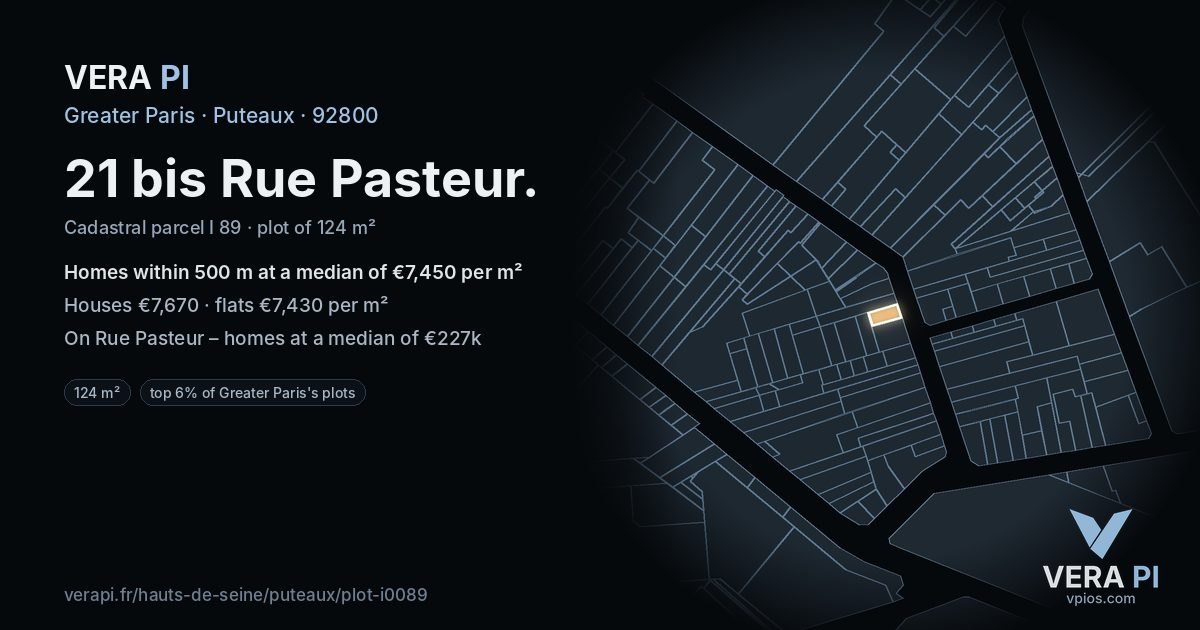 21 bis Rue Pasteur, Puteaux at night – the plot lit, the parcels around coloured by the prices near them