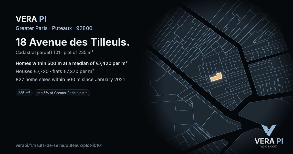 18 Avenue des Tilleuls, Puteaux at night – the plot lit, the parcels around coloured by the prices near them