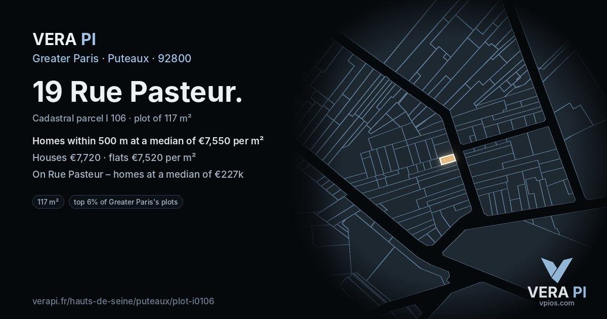 19 Rue Pasteur, Puteaux at night – the plot lit, the parcels around coloured by the prices near them
