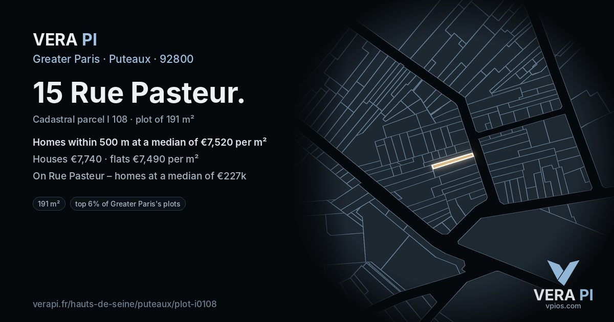 15 Rue Pasteur, Puteaux at night – the plot lit, the parcels around coloured by the prices near them