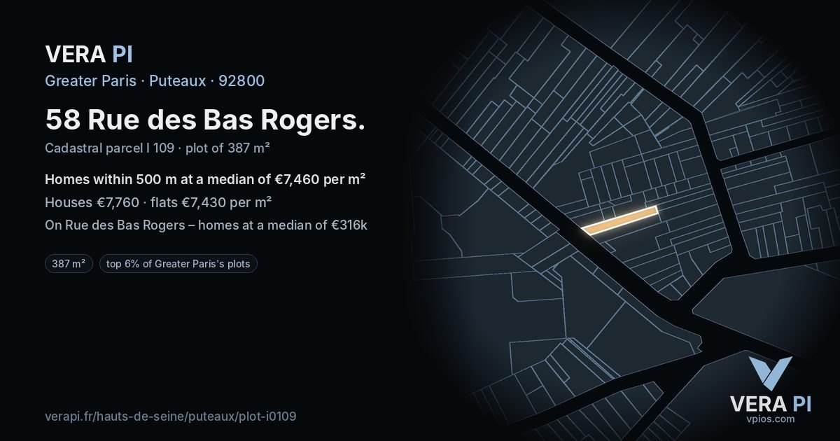 58 Rue des Bas Rogers, Puteaux at night – the plot lit, the parcels around coloured by the prices near them