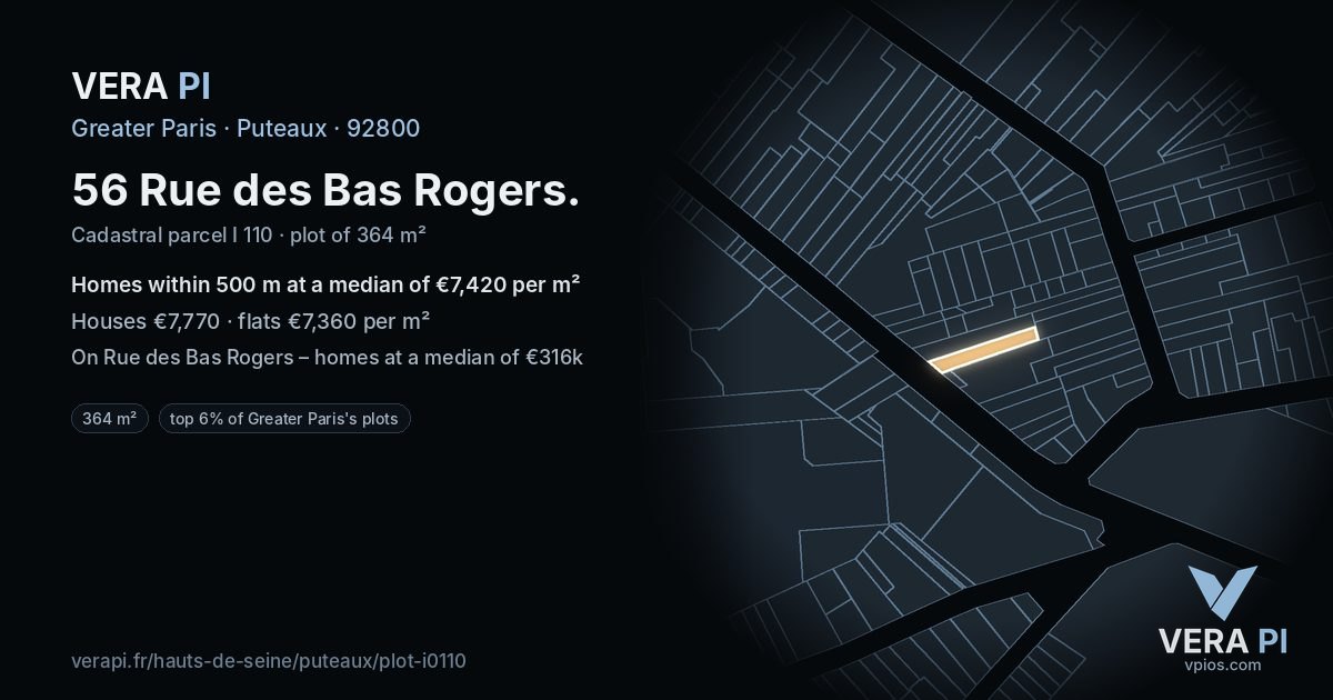 56 Rue des Bas Rogers, Puteaux at night – the plot lit, the parcels around coloured by the prices near them