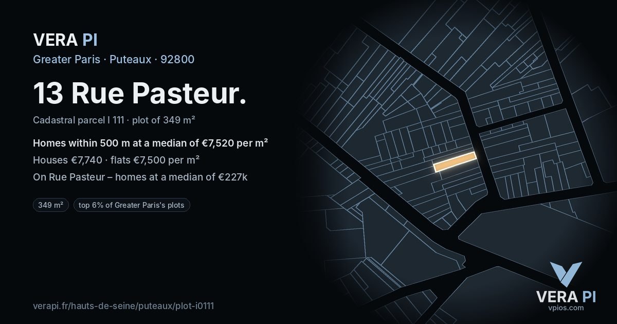 13 Rue Pasteur, Puteaux at night – the plot lit, the parcels around coloured by the prices near them