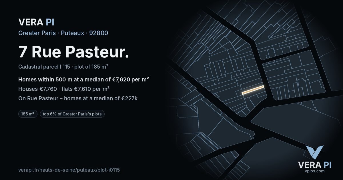 7 Rue Pasteur, Puteaux at night – the plot lit, the parcels around coloured by the prices near them