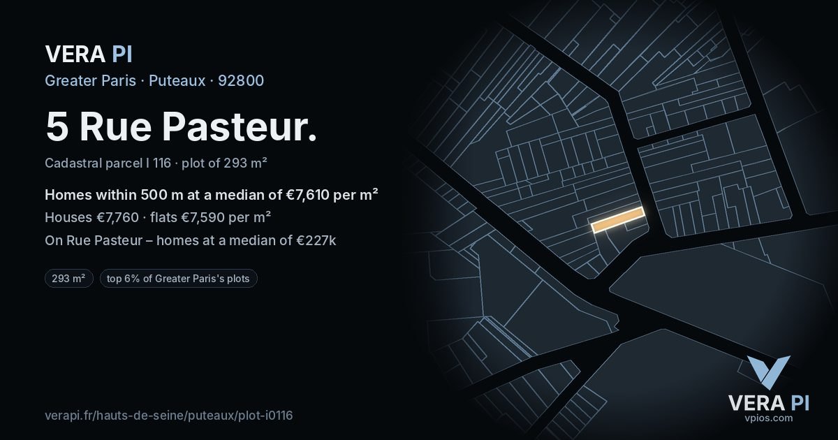 5 Rue Pasteur, Puteaux at night – the plot lit, the parcels around coloured by the prices near them