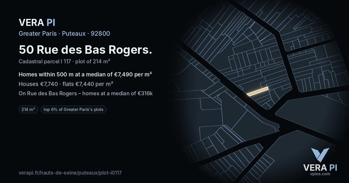 50 Rue des Bas Rogers, Puteaux at night – the plot lit, the parcels around coloured by the prices near them