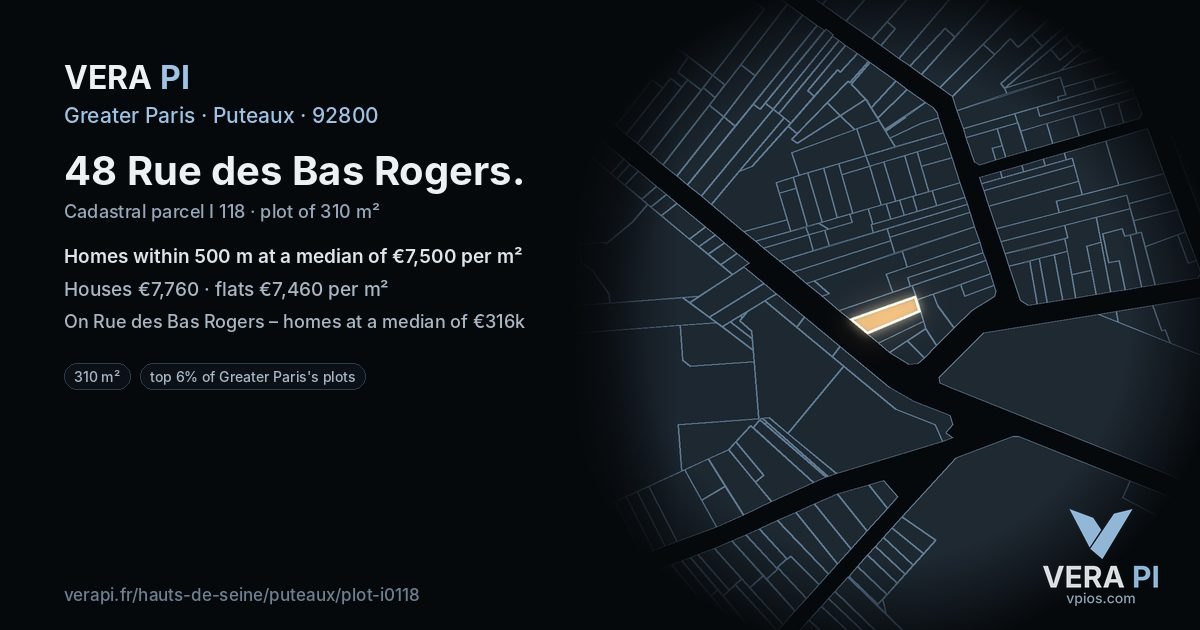 48 Rue des Bas Rogers, Puteaux at night – the plot lit, the parcels around coloured by the prices near them