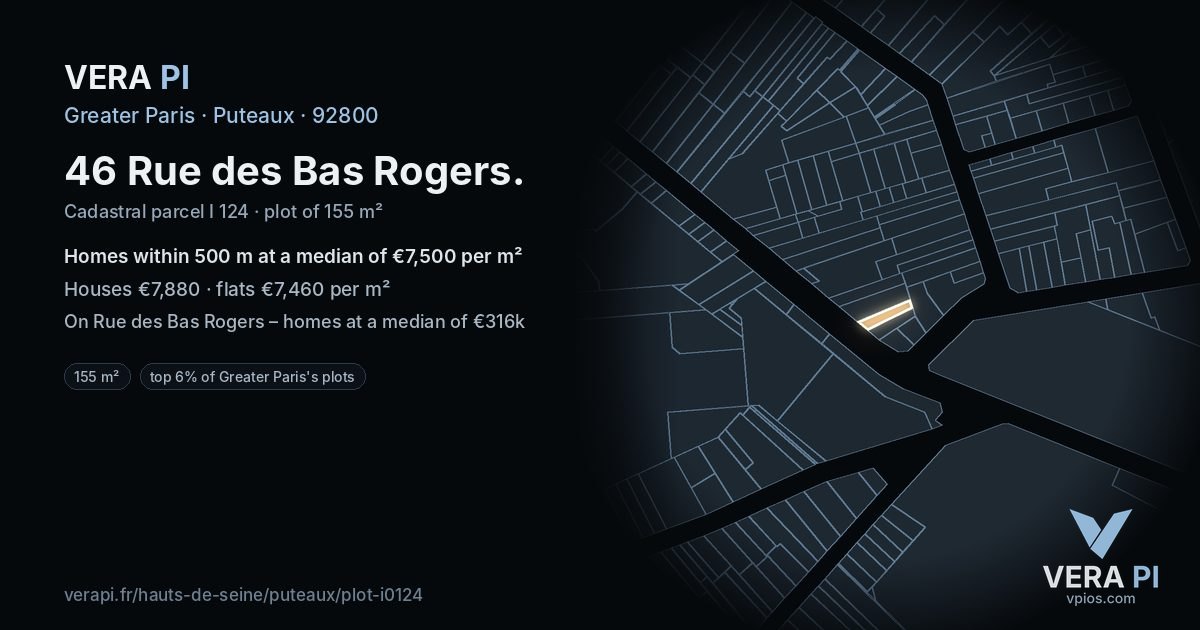 46 Rue des Bas Rogers, Puteaux at night – the plot lit, the parcels around coloured by the prices near them