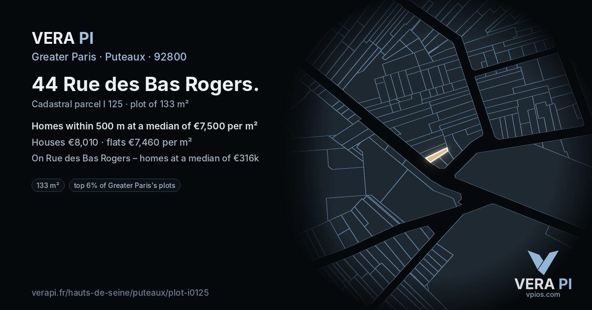 44 Rue des Bas Rogers, Puteaux at night – the plot lit, the parcels around coloured by the prices near them