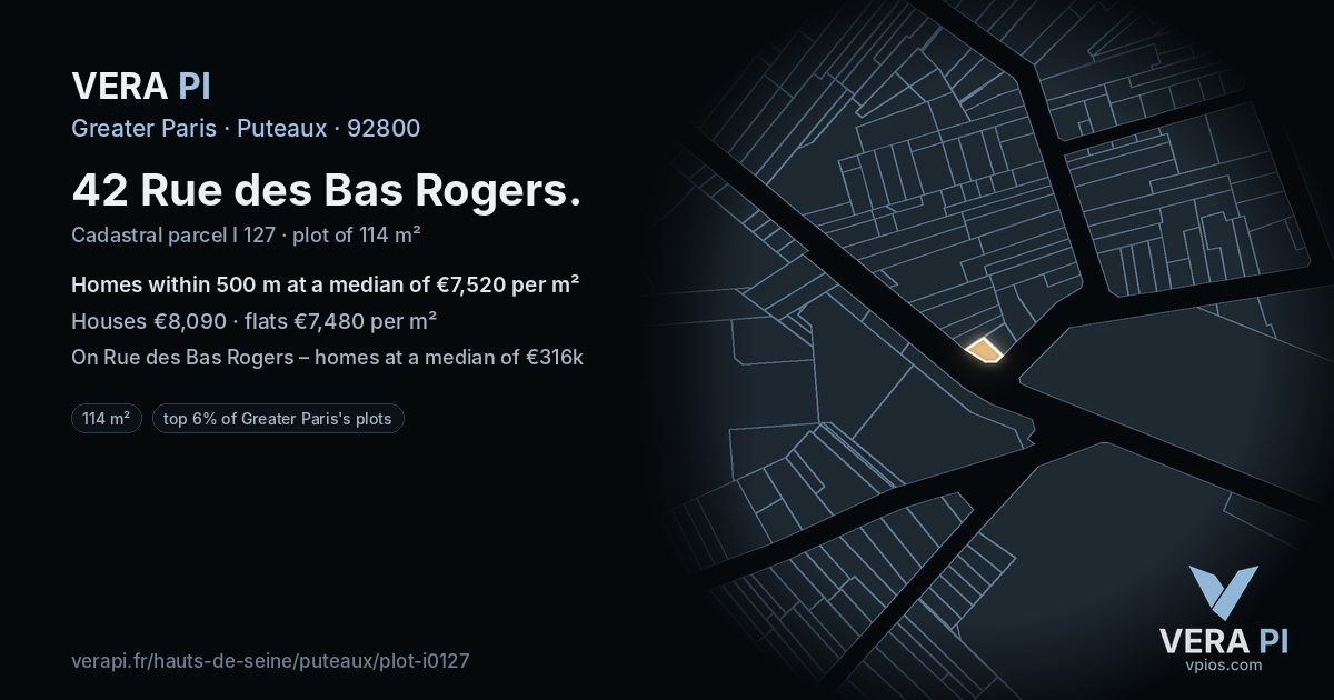 42 Rue des Bas Rogers, Puteaux at night – the plot lit, the parcels around coloured by the prices near them
