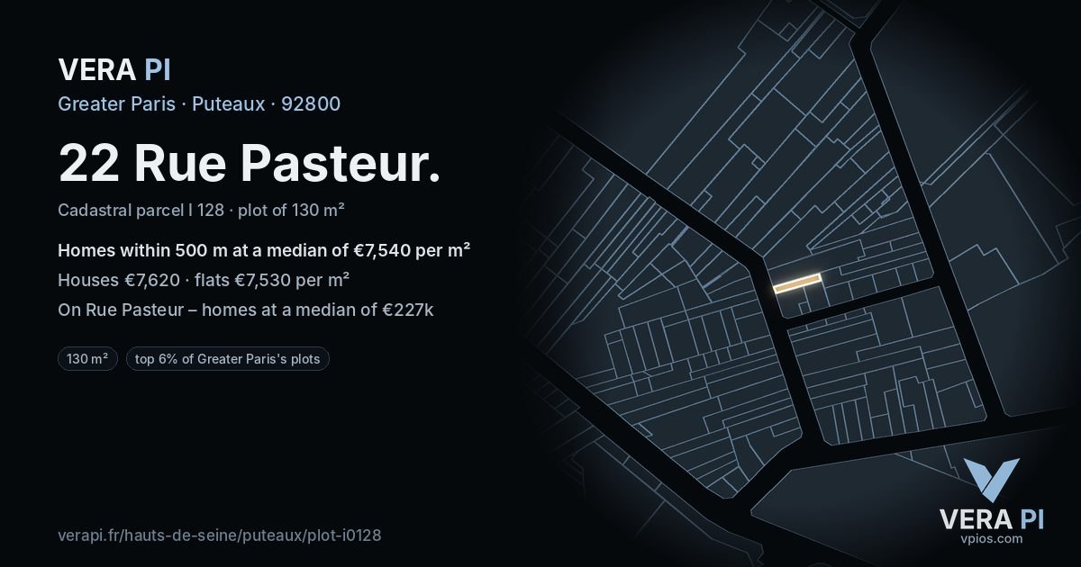 22 Rue Pasteur, Puteaux at night – the plot lit, the parcels around coloured by the prices near them
