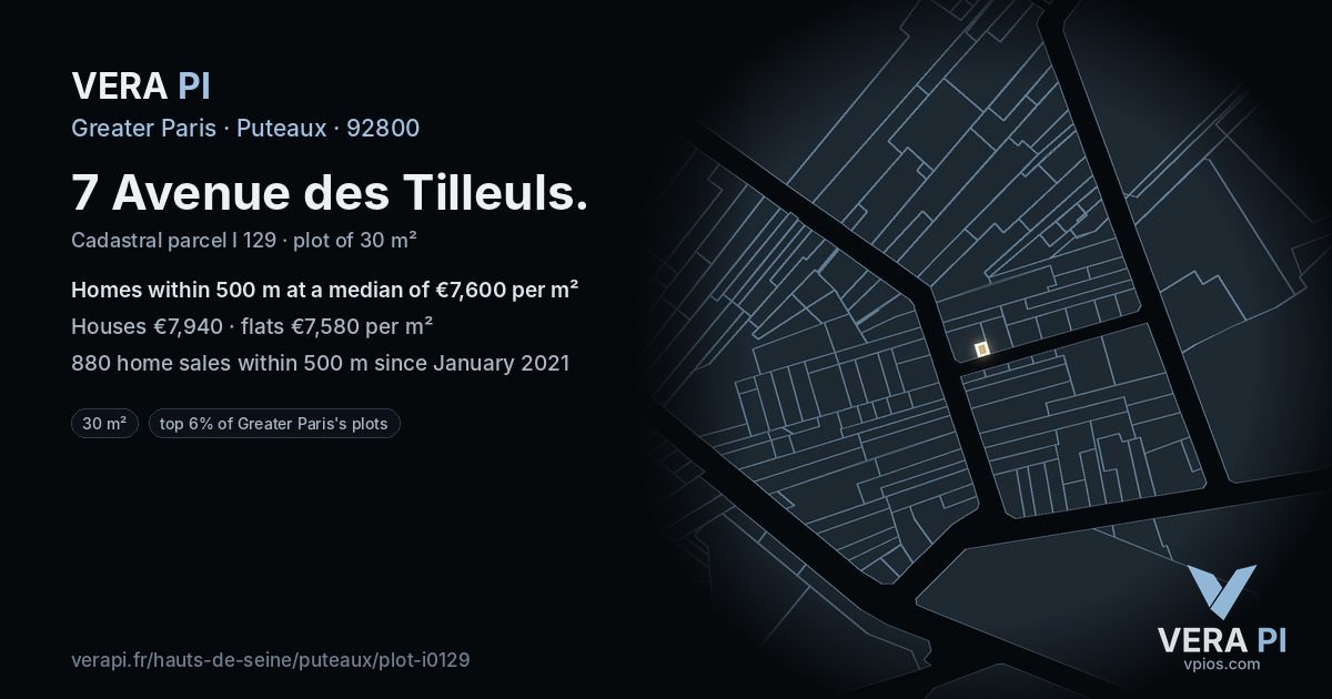 7 Avenue des Tilleuls, Puteaux at night – the plot lit, the parcels around coloured by the prices near them