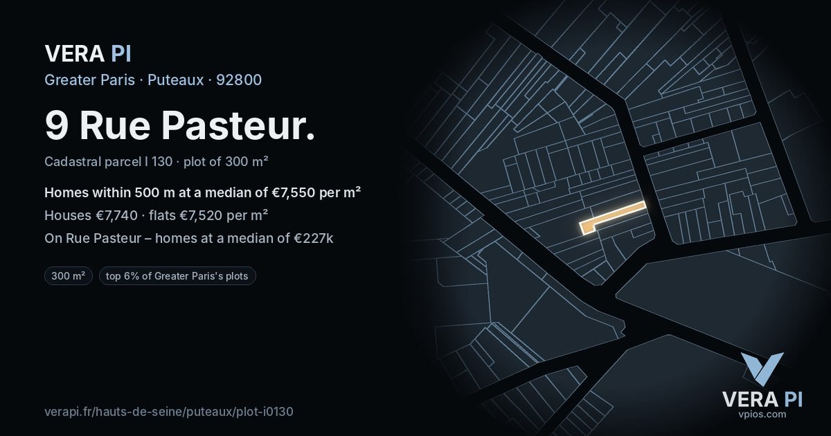 9 Rue Pasteur, Puteaux at night – the plot lit, the parcels around coloured by the prices near them
