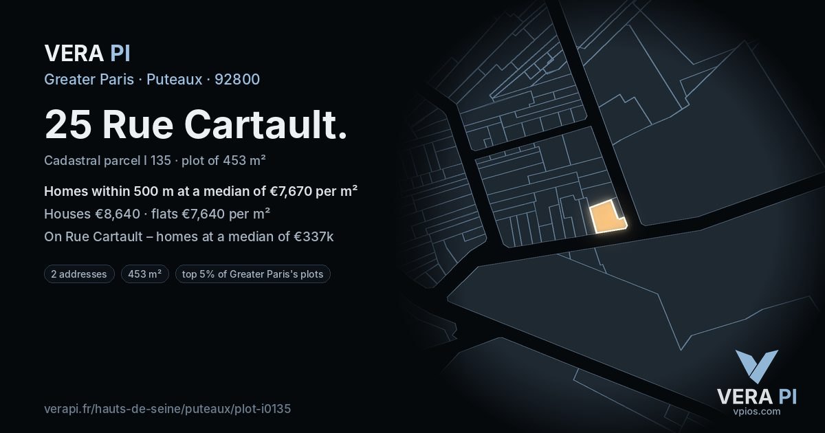 25 Rue Cartault, Puteaux at night – the plot lit, the parcels around coloured by the prices near them