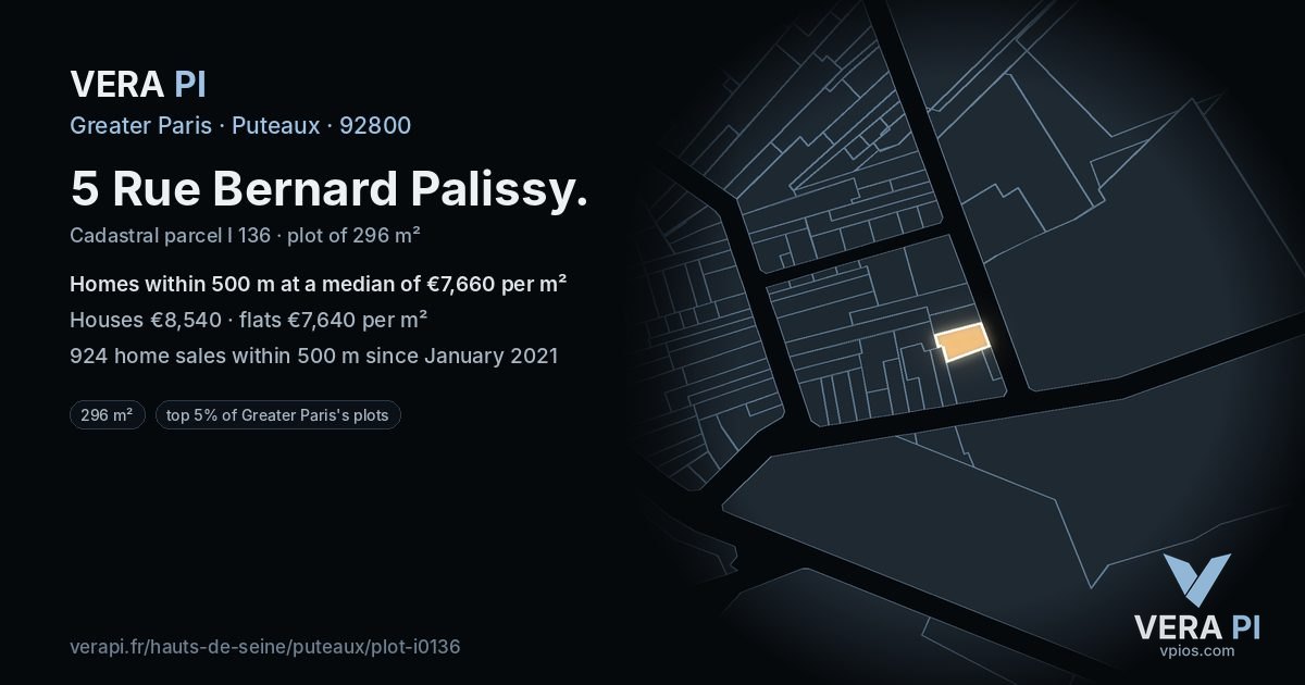 5 Rue Bernard Palissy, Puteaux at night – the plot lit, the parcels around coloured by the prices near them