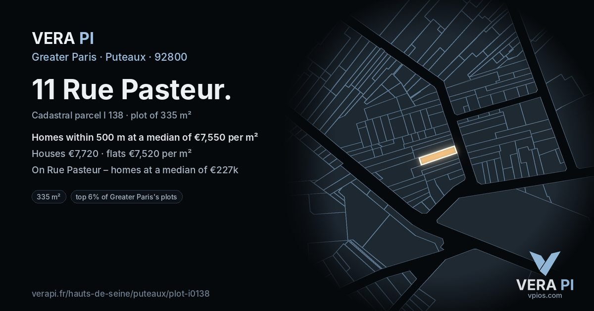 11 Rue Pasteur, Puteaux at night – the plot lit, the parcels around coloured by the prices near them