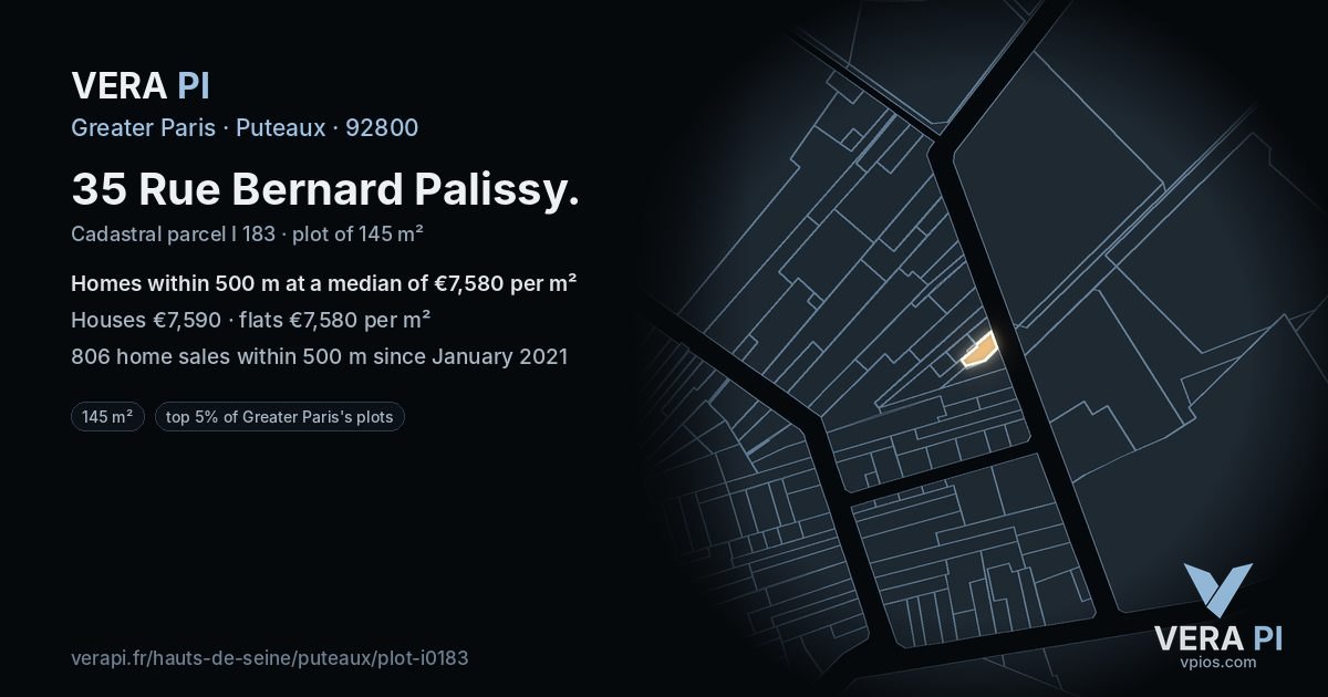 35 Rue Bernard Palissy, Puteaux at night – the plot lit, the parcels around coloured by the prices near them