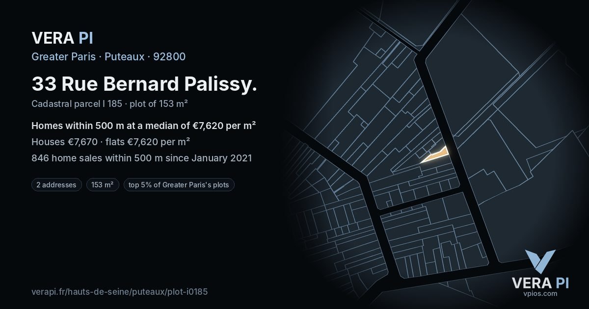 33 Rue Bernard Palissy, Puteaux at night – the plot lit, the parcels around coloured by the prices near them