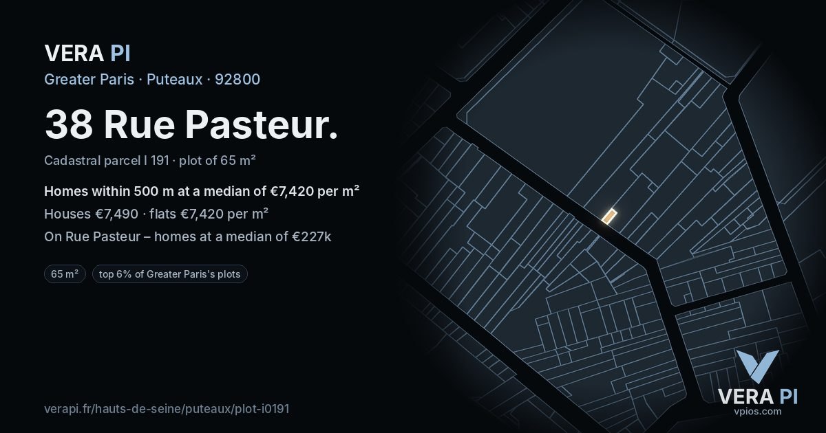 38 Rue Pasteur, Puteaux at night – the plot lit, the parcels around coloured by the prices near them