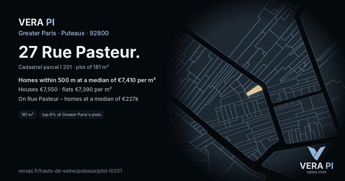 27 Rue Pasteur, Puteaux at night – the plot lit, the parcels around coloured by the prices near them