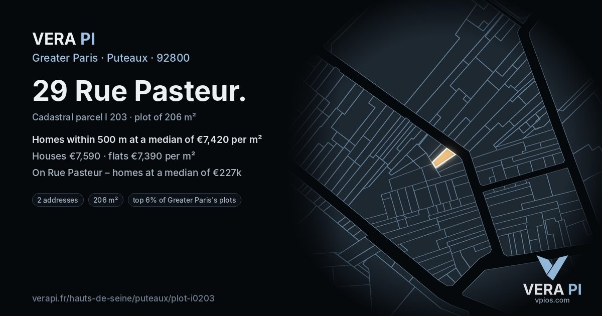 29 Rue Pasteur, Puteaux at night – the plot lit, the parcels around coloured by the prices near them