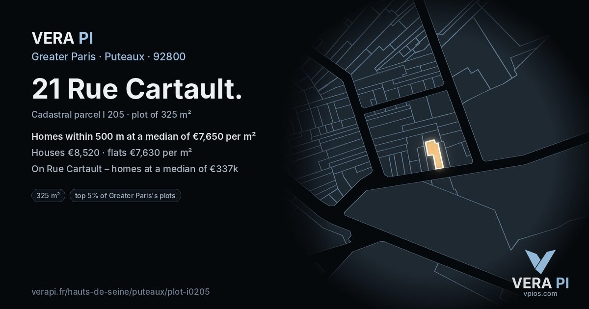 21 Rue Cartault, Puteaux at night – the plot lit, the parcels around coloured by the prices near them