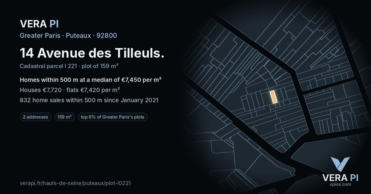 14 Avenue des Tilleuls, Puteaux at night – the plot lit, the parcels around coloured by the prices near them