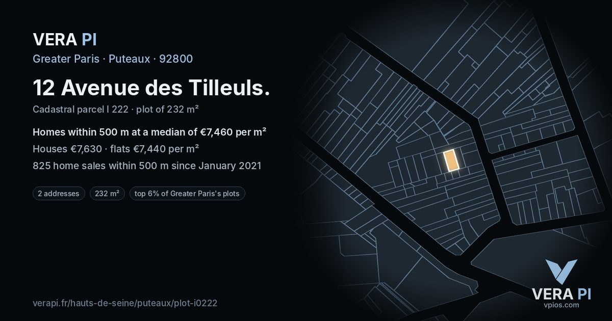 12 Avenue des Tilleuls, Puteaux at night – the plot lit, the parcels around coloured by the prices near them