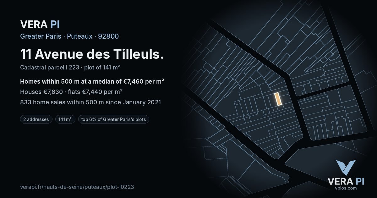 11 Avenue des Tilleuls, Puteaux at night – the plot lit, the parcels around coloured by the prices near them