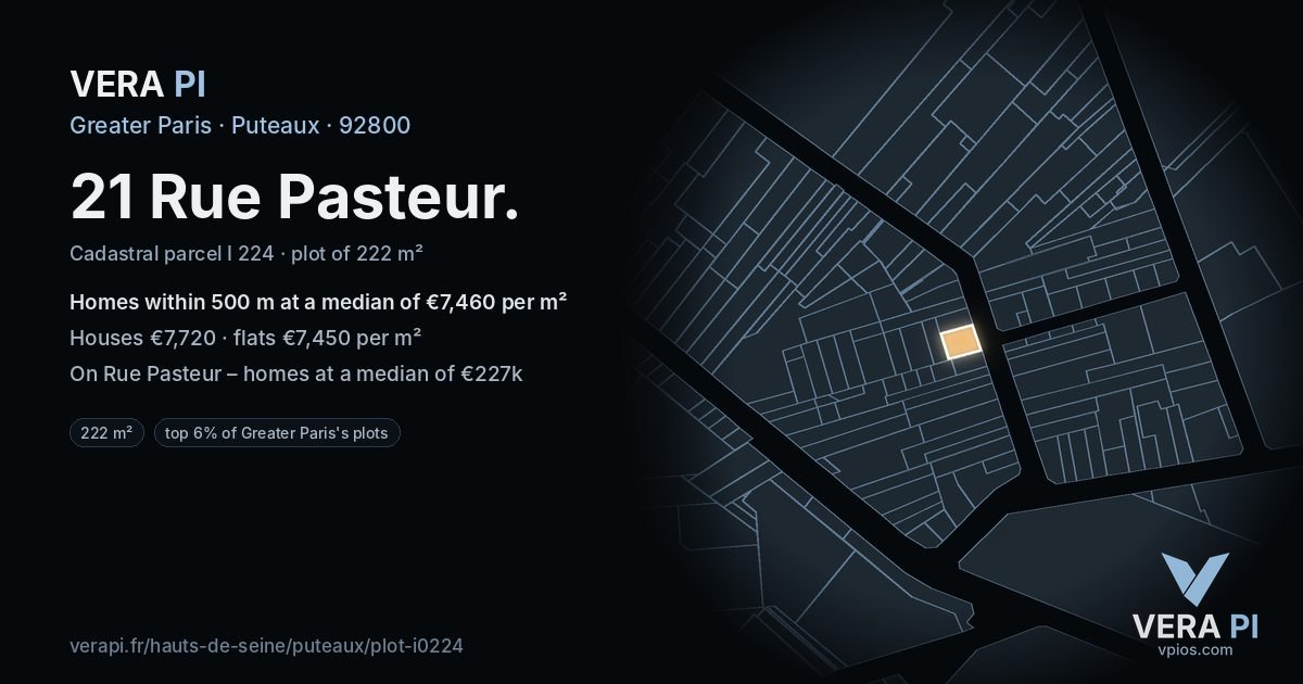 21 Rue Pasteur, Puteaux at night – the plot lit, the parcels around coloured by the prices near them