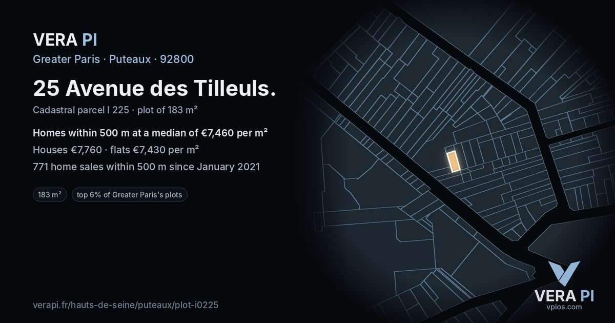 25 Avenue des Tilleuls, Puteaux at night – the plot lit, the parcels around coloured by the prices near them