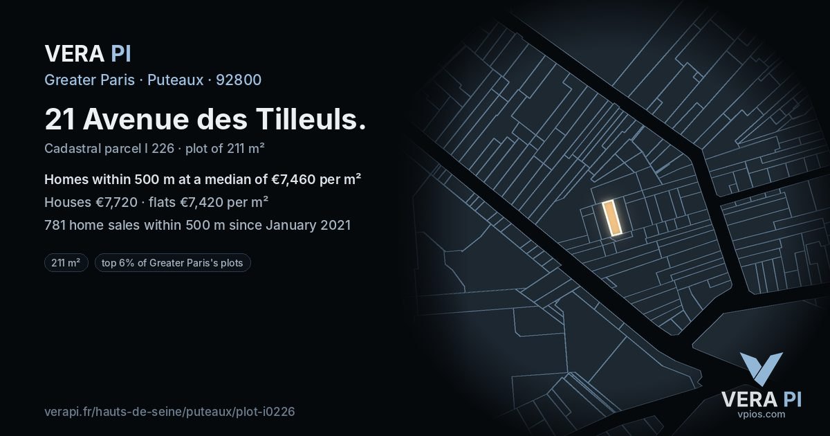 21 Avenue des Tilleuls, Puteaux at night – the plot lit, the parcels around coloured by the prices near them