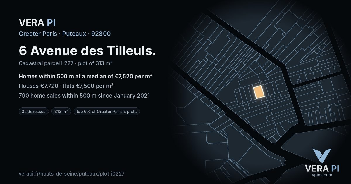 6 Avenue des Tilleuls, Puteaux at night – the plot lit, the parcels around coloured by the prices near them