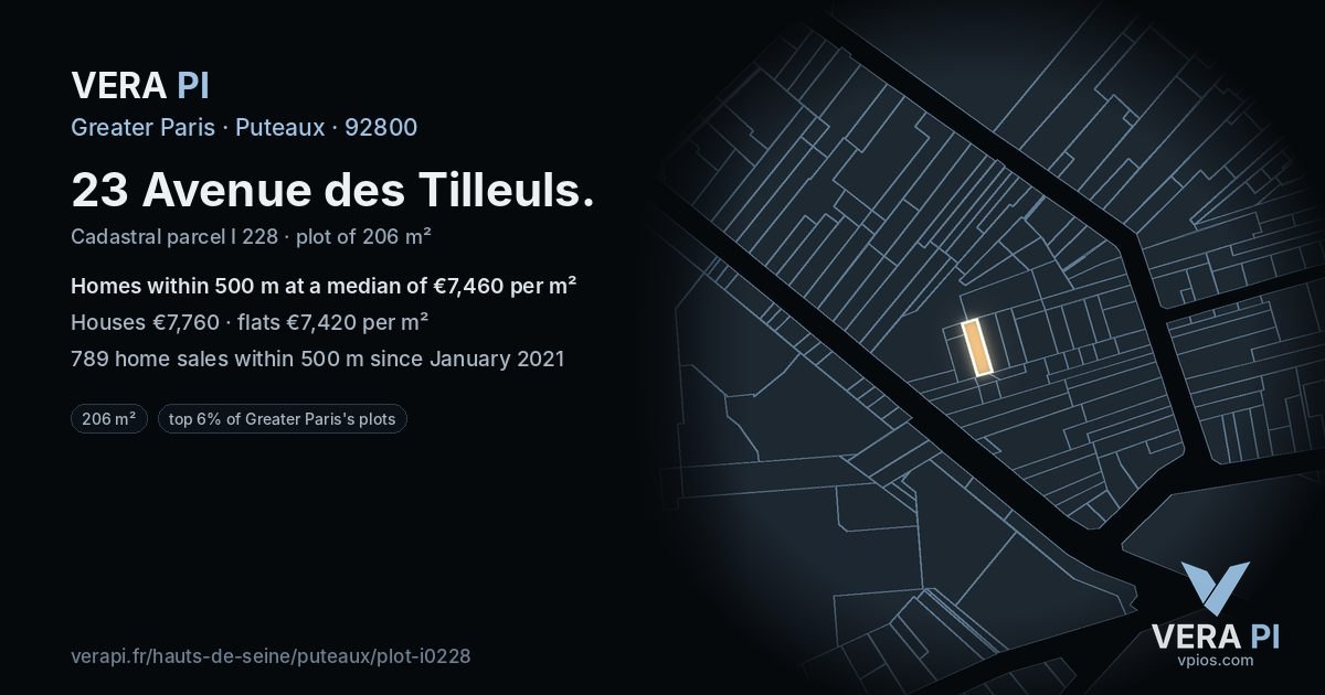 23 Avenue des Tilleuls, Puteaux at night – the plot lit, the parcels around coloured by the prices near them
