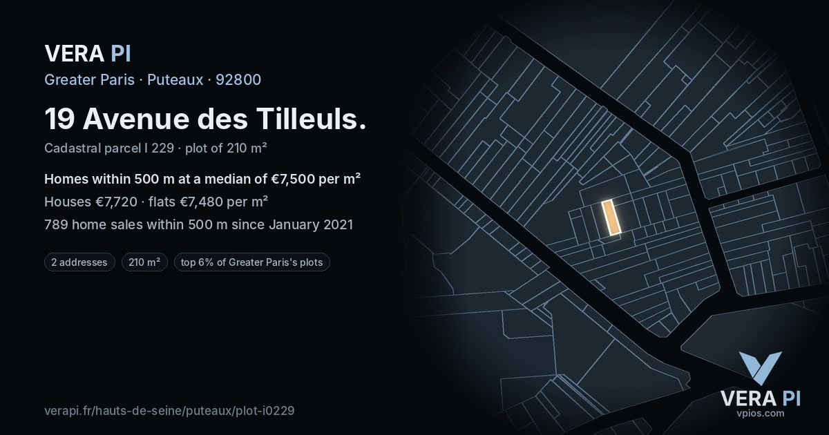 19 Avenue des Tilleuls, Puteaux at night – the plot lit, the parcels around coloured by the prices near them