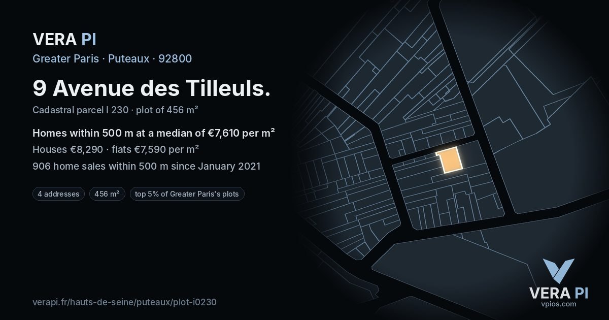9 Avenue des Tilleuls, Puteaux at night – the plot lit, the parcels around coloured by the prices near them
