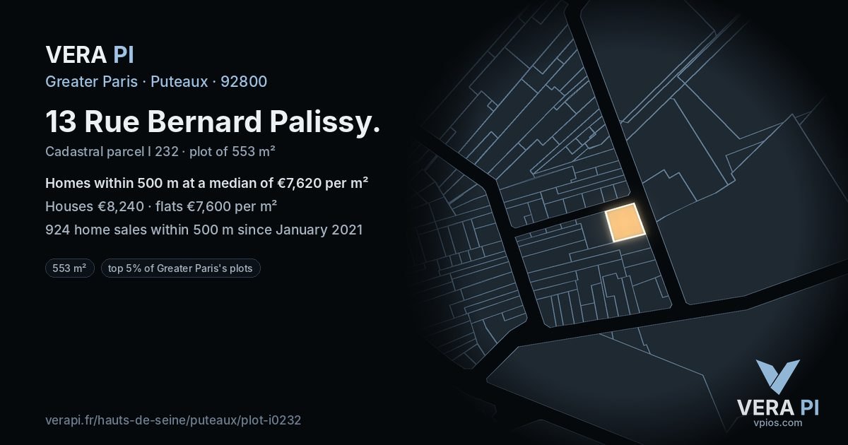 13 Rue Bernard Palissy, Puteaux at night – the plot lit, the parcels around coloured by the prices near them