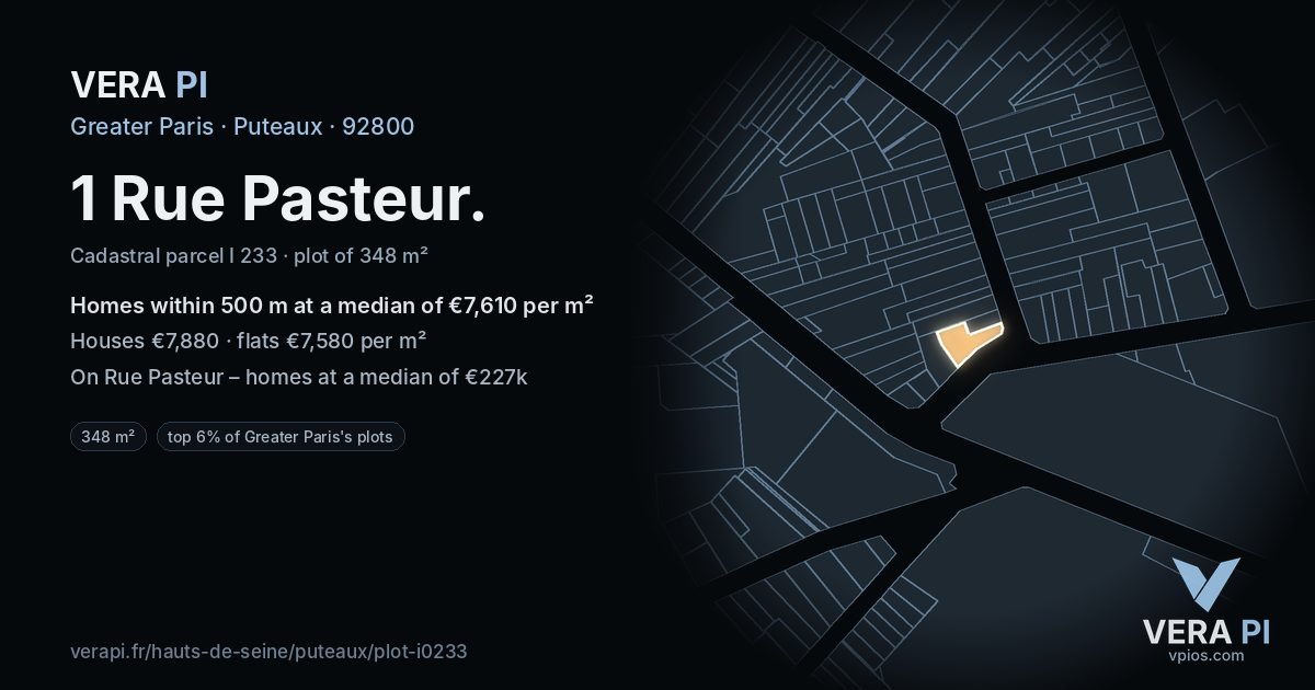 1 Rue Pasteur, Puteaux at night – the plot lit, the parcels around coloured by the prices near them